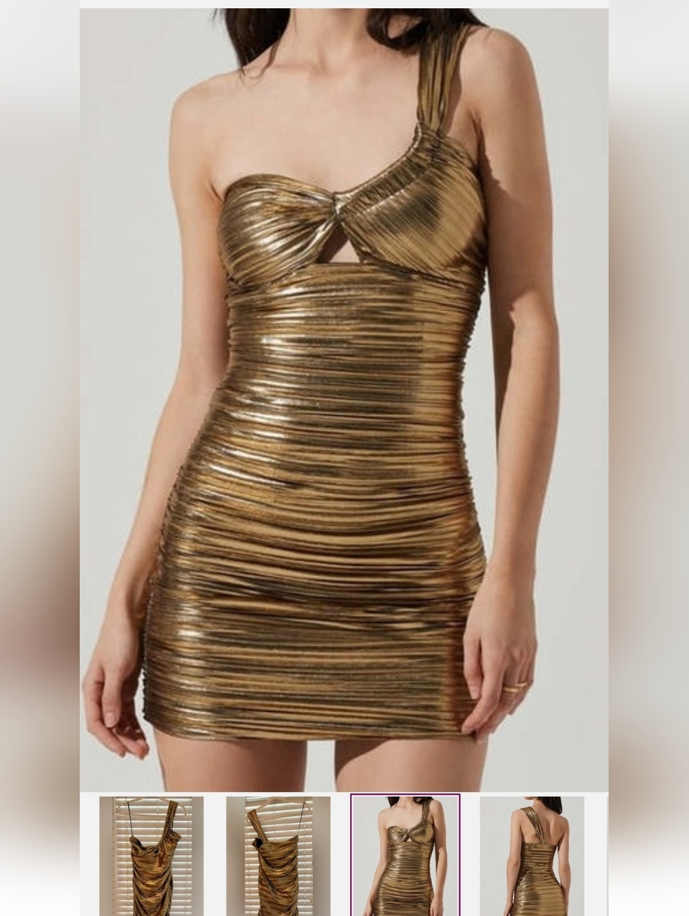 Astr The Label Metallic Gold One-Shoulder Ruched Party Dress